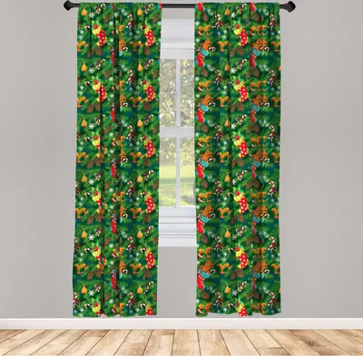 Obrázek produktu pro ABAKUHAUS Vánoční závěsy, záclony, vánoční doplňky punčochy cukrovinky kůň medvídek hračky na borovici, 2 kusy 75 x 175 cm, tmavě zelená, hnědá a červená