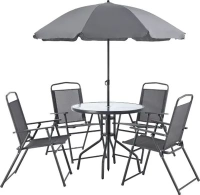 Produktbild von Gartenmöbelset Milagro 6-tlg. Loungeset Sitzgruppe Terasse Sitzgarnitur Tisch 4 Stühle und Sonnenschirm Witterungsbeständig Schwarz Dunkelgrau