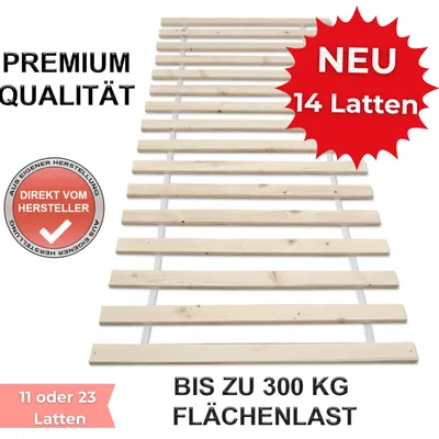 A wooden slatted bed base with marketing text overlays.