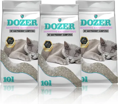Produktbild von 30 litrów Dozer żwirek dla kota Sensitive o zapachu pudru dla niemowląt Żwirek zbrylający się Premium 30L | Żwirek dla kota o zapachu pudru dla niemowląt - Drobny żwirek zbrylający się z bentonitu 3 x 10L