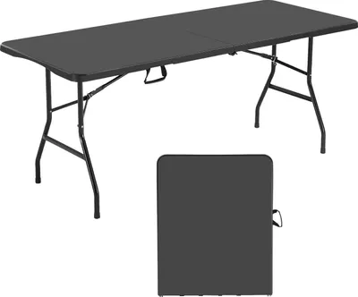 A black folding table is shown in its extended and folded states against a white background.