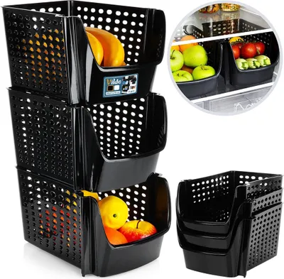 Obrázok produktu pre Vilde úložná nádoba Úložný box Box na ovocie a zeleninu do chladničky čierny 29x21x16 cm 3 ks.