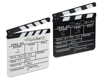 Produktbild von 2x Filmklappe Holz, Regieklappe, Clapperboard, Szenenklappe, zum Beschriften, Hollywood Deko, 26 x 30 cm, schwarz & weiß