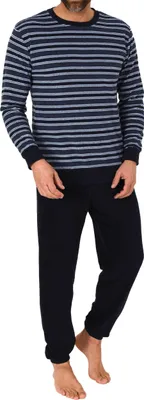 Produktbild von Eleganter Herren langarm Frottee Schlafanzug Pyjama mit Bündchen - auch in Übergrößen ; dunkelblau , 58