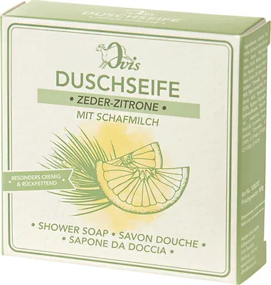 Produktbild von Duschseife Zeder-Zitrone, Ovis Schafmilchseife, 100% Bio, für ein wohltuend frisches Duschvergnügen, 100 g, verpackt