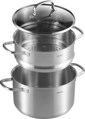 Image de Casserole multifonctionnelle de 24 cm avec insert vapeur et couvercle en verre – Casserole en acier inoxydable – Compatible avec les plaques à induction et tous types de cuisinières – Lavable au lave-vaisselle