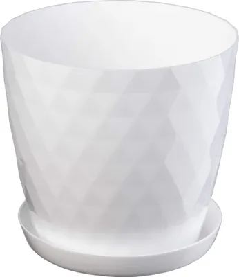 A white plastic plant pot with a geometric pattern and a matching saucer, isolated on a white background.