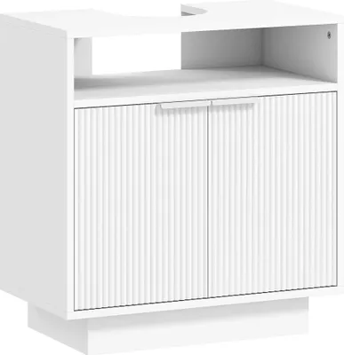 Image de Armoire de salle de bains - Meuble sous-vasque - 2 portes striées - Compartiment ouvert - Pose libre - Pour vasque sans colonne - 60x33x63 cm - Blanc