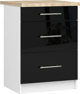 Image de Armoire de cuisine debout OLIWIA S60 3 tiroirs Blanc et Noir Brillant