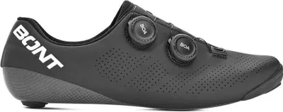 A black Bont cycling shoe is shown from the side against a white background.