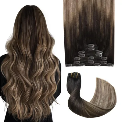 Immagine prodotto di Estensione per capelli in clip, capelli naturali, 50 cm, 7 pezzi, colore #1B/4/27, tecnica balayage, dal nero al marrone con riflessi caramello biondo, peso 120g