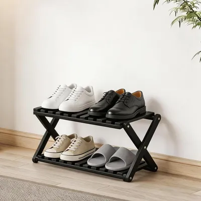 Immagine prodotto di Scaffale pieghevole per scarpe, nero, 2 ripiani, in bambù, senza montaggio, dimensioni 49x26x25 cm