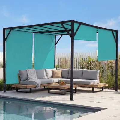 Produktbild von Pergola Baia, Garten Pavillon Terrassenüberdachung, stabiles 6cm-Stahl-Gestell + Schiebedach türkis-blau  3x3m
