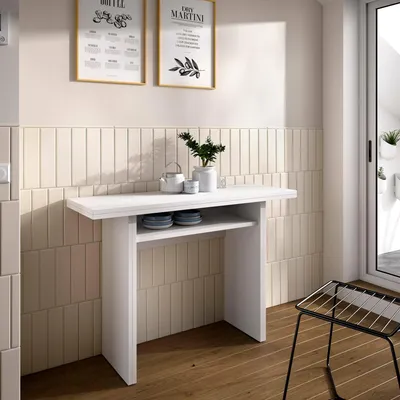 Produktbild von Ausziehbarer Tisch Dmanuel, ausziehbare Zusatzkonsole mit mehreren Positionen, klappbarer Esstisch mit klappbarer Platte, 110 x 33 / 66 x 75 cm, Weiß
