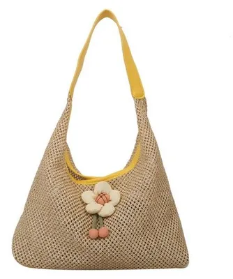 Image de Sac à bandoulière tressé, sac à main en paille tressé, sacs à bandoulière tressés, sacs à bandoulière tendance, sac à bandoulière souple à motif floral, sac à bandoulière d'été, nouveau sac à bandoulière en paille