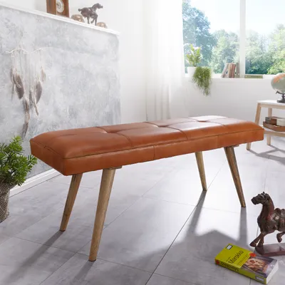 Produktbild von WOHNLING Sitzbank Ziegenleder / Massivholz Bank 117x51x38 cm im Retro Stil 2er Polsterbank Flur Gepolsterte Lederbank Esszimmer Braun Kleine Bettbank
