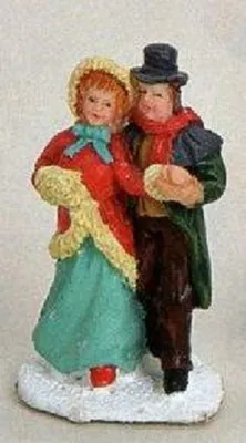 Ein Paar in traditionellen Winterkleidern.  Lebendige Farben, detailreich gestaltet.