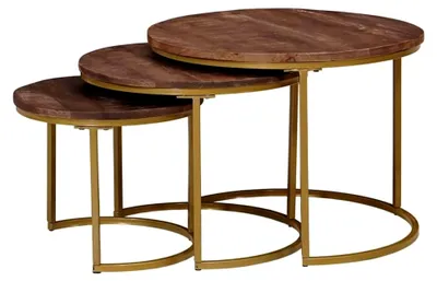 Produktbild von Runder Beistelltisch, stapelbar, für das Wohnzimmer, 3 Stück, aus Mangoholz und Stahl
