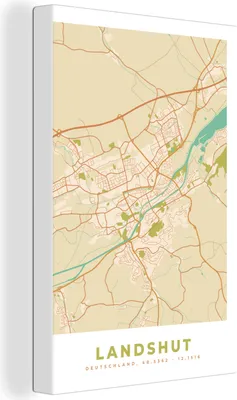 Obrázek produktu pro OneMillionCanvasses® - Obrazy na plátně - 90x140 cm, Landshut - Mapa - Vintage - Mapa města, Nástěnná dekorace - Fotka na plátně - Obraz na dřevěném rámu - Nástěnná dekorace - Ložnice