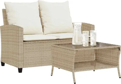 Produktbild von Gartensofa 2-Sitzer mit Kissen & Tisch Beige Poly Rattan