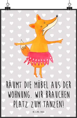 Produktbild von Mr. & Mrs. Panda Bild Fuchs Ballerina DIN A2 - Grau Pastell - Geschenk, Party, drucke, Kunstdruck, Wandbild, Plakat, Feier, wanddeko, Geburtstag, Einladung