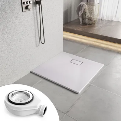 Produktbild von Heilmetz Duschwanne 80x80cm Duschtasse inkl. Ablaufgarnitur Schieferoptik Rutschfeste Extraflach SMC Weiß Brausetasse Duschbecken Steinoptik