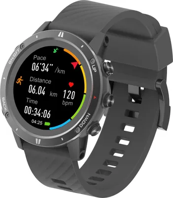 A close-up shot of a black and gray outdoor GPS sports watch with its screen displaying fitness data.