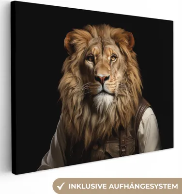 Produktbild von MuchoWow® - Leinwandbilder - Löwe - Porträt - Schwarz - Tier, Wandbild, Wanddeko Bilder Wohnzimmer, 80x60 cm