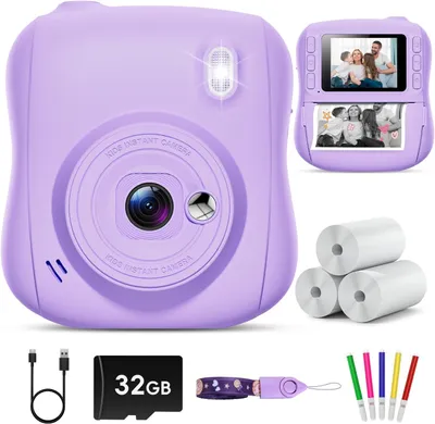 Obrázek produktu pro Dětský fotoaparát s okamžitým tiskem, 14 MP, s 32 GB kartou a tiskovým papírem, 1080p fotoaparát pro děti s okamžitým tiskem a barevnými fixami, dárek pro chlapce a dívky ve věku 3–12 let