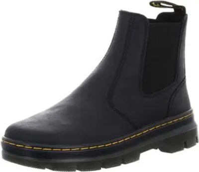 A studio shot of a black boot on a white background.