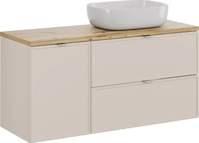 Produktbild von Badezimmer-Waschtisch 120 cm in Kaschmir & Eiche mit Wäschekorb & Aufsatzwaschbecken - BIBIONE-56