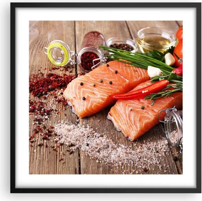 Produktbild von Gerahmtes Poster - Schwarzer Rahmen - Lachs Fisch Essen Küche - 50x50 cm - Wand Bild - Wanddeko - Wandbilder - Wandposter - Bilderrahmen - Bilder - Kunstdruck - Wandbild - P2BAC50x50-2822
