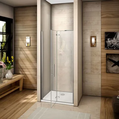 A modern bathroom with a glass shower enclosure.