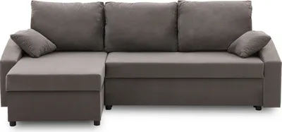 A gray sectional sofa with a chaise lounge is shown against a white background.
