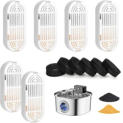 Produktbild von 6 Filter für Katzentränken & 6 Schwämme als Filterersatz für Katzentränken aus Edelstahl, mehrstufige Filtration mit Aktivkohle und Harz – Filter für Katzentränken aus Edelstahl