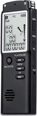 A black digital audio recorder is shown from a slightly angled front view against a white background.