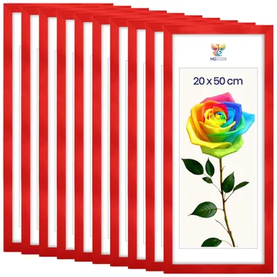 Obrázek produktu pro MG Design, sada 10 kusů rámečků na obrázky, rozměr 20 x 50 cm – rámečky na plakáty s červeným rámem z masivního dřeva a odolným akrylovým sklem, vhodné pro vertikální i horizontální formáty, s robustním systémem pro zavěšení na zeď