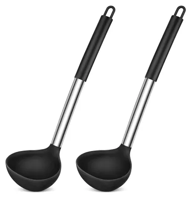 Produktbild von Silikon Schöpflöffel - Mit Edelstahl Griff - Hitzebeständig - 31 cm - Schwarz - 2 Stück
