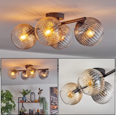 Produktbild von Fossobiubo Deckenlampe aus Metall/Riffelglas in Schwarz/Rauch/Bernstein/Klar