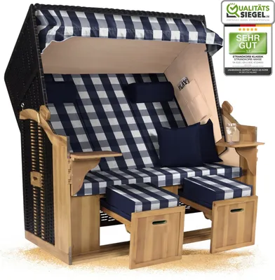 Produktbild von Strandkorb Ostsee 2,5-Sitzer 150cm breit in Schwarz Blau Weiß Kariert Montiert ideal für Balkon, Terrasse oder Garten