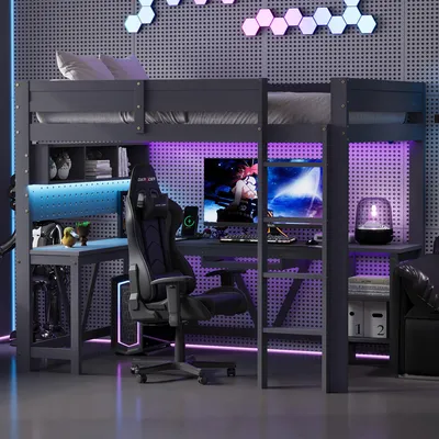 Produktbild von Merax Etagenbett 90x200 cm, Gaming-Hochbett aus Holz mit Schreibtisch, Stauraum, LED-Beleuchtung und USB-Ladestation, Kinderbett, Jugendbett, Grau