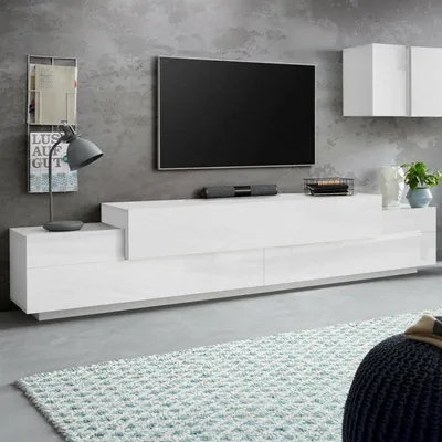Image de Tiche - Meuble TV 240x45x52h cm Blanc Brillant, 3 Étagères, Fabriqué en Italie