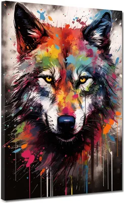 Produktbild von Wolf Pop Art abstrakt splatter Kunstdruck XL Leinwandbild Wandbild Wanddeko: 120x160x4cm