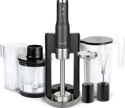 A collection of kitchen appliances, including a stick blender, a whisk attachment, a chopper attachment, and two clear containers, arranged on a white background.