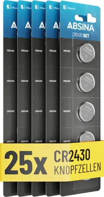 Produktbild von ABSINA CR2430 Knopfzelle 25er Pack - CR 2430 3V Knopfzellen auslaufsicher & lange Haltbarkeit - Knopfbatterie CR2430