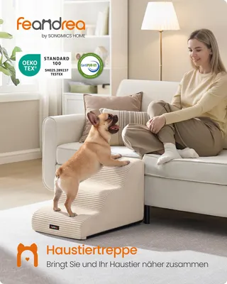 Produktbild von FEANDREA Hundetreppe 3 Stufen Hunderampe für Kleine Hunde Rutschfest und Waschbar 57 x 40 x 40 cm Beige