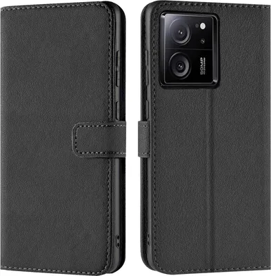 A black flip case for a smartphone is shown from the front and back.