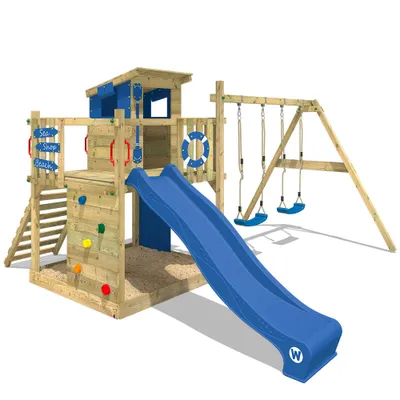 Produktbild von WICKEY Spielturm Klettergerüst Smart Camp mit Schaukel & Rutsche, Baumhaus mit Sandkasten, Kletterleiter & Spiel-Zubehör - blau