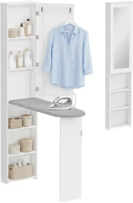 Produktbild von Faltrock-Wandmontierte Faltrocke mit Aufbewahrungsbox mit Tür- Klappbare -Faltspiegel -106X35X174 cm-WEISS.