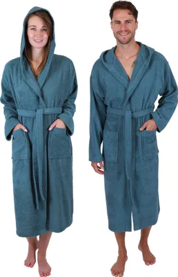 Produktbild von Betz Bademantel Frottee mit Kapuze für Herren und Damen Berlin 100% Baumwolle Saunabademantel - langer Bademantel - Saunamantel Größe - S/M - taubenblau